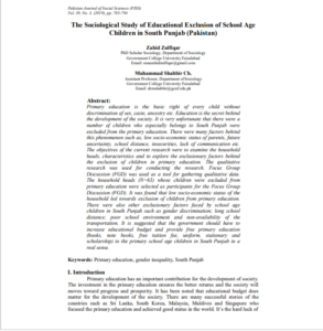 The Sociological Study of Educational Exclusion of School Age Children in South Punjab (Pakistan)